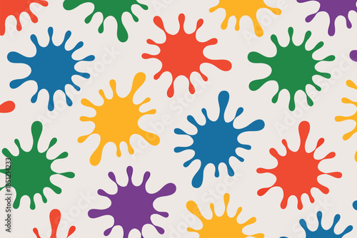 A vibrant and playful pattern of colorful paint splatters scattered across a light beige background texture