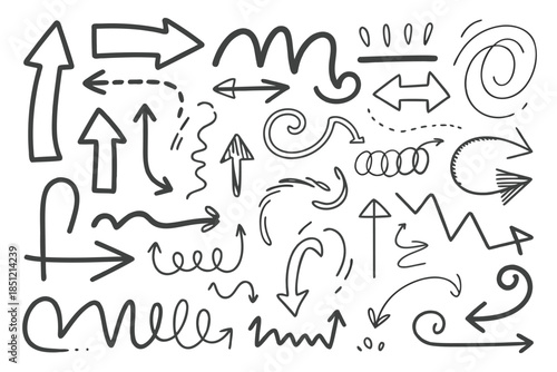 A collection of hand drawn arrows swirls and various doodle elements scattered across a white background