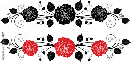 Elegant vector floral border set featuring horizontal arrangements of black and red roses with curly vines and leaves for romantic wedding stationery designs.