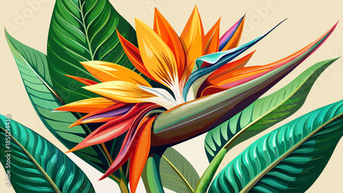 Very beautiful detailed illustration of a bird of paradise flower with green leaves and vivid orange petals, emphasizing rich texture, natural structure, and striking tropical botanical elegance.
