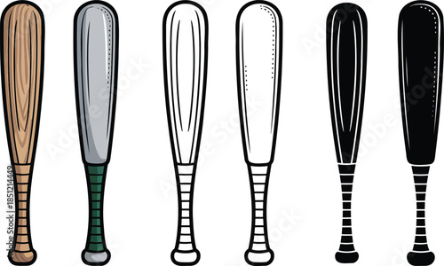 Baseball bat silhouette & Outline and illustration set isolated on transparent background