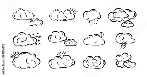 Collection of vector clouds hand drawn isolated on white background. Vector clouds in doodle style.