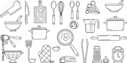 Collection of kitchen utensils and tools for cooking and baking