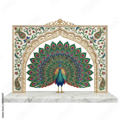 Peacock displaying feathers in ornate archway with marble base bird fanned isolated on a transparent background