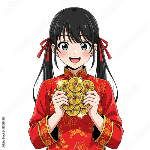Cheerful anime girl in a red qipao holds shiny ancient Chinese fortune coins against a black background