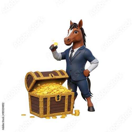 Cartoon horse businessman in a suit proudly guarding an overflowing treasure chest of gold coins