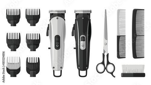 Comprehensive collection of professional barber tools including electric hair clippers with guards, sharp scissors, and various combs.