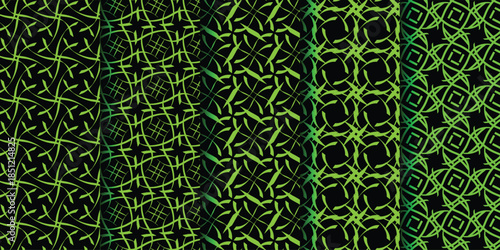 A vibrant collection of intricate green patterns on a dark background, showcasing unique designs.