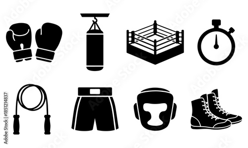 Set of boxing equipment icons isolated on transparent background