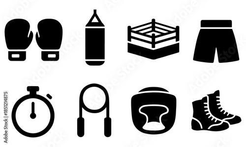 Set of boxing equipment icons isolated on transparent background