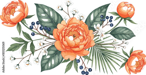 Elegant vector illustration featuring peach peony blossoms with lush tropical leaves white jasmine flowers and blue berries for wedding and floral backgrounds