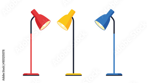 Collection of three modern floor lamps in red, yellow, and blue colors, each with a bright, glowing light.