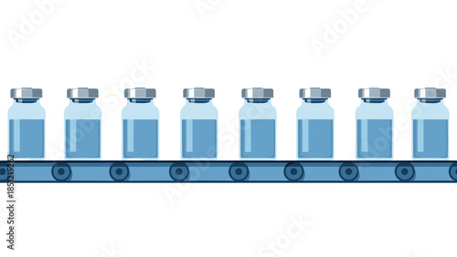 Long conveyor belt carrying a continuous row of identical small vials filled with blue liquid, symbolizing a production line process.