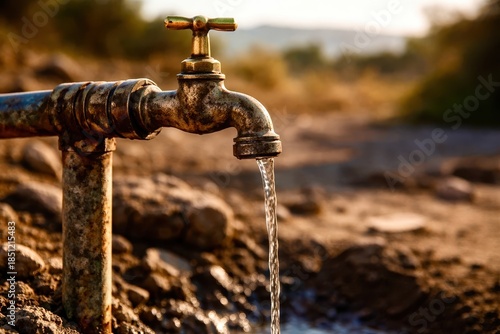 A rusty faucet is dripping water onto the ground