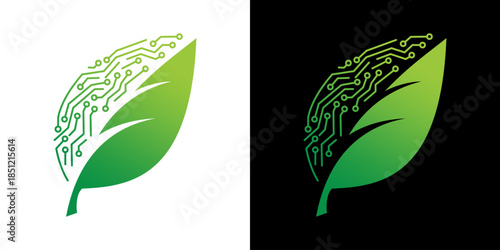 leaf circuit logo. green tech logo with single leaf and circuit design 