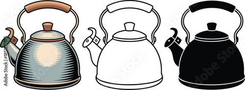 Kettle silhouette & Outline and illustration set isolated on transparent background