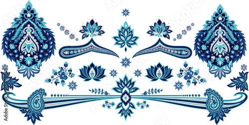 Traditional ethnic vector set featuring intricate blue and white floral mandalas paisley patterns and decorative lotus ornaments for porcelain and textile designs.