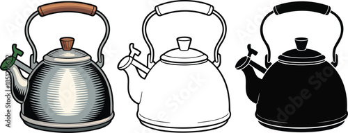 Kettle silhouette & Outline and illustration set isolated on transparent background