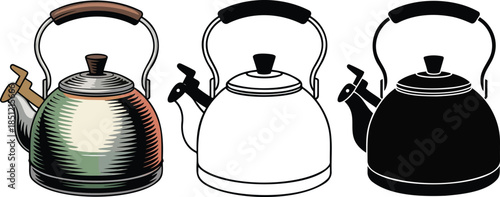 Kettle silhouette & Outline and illustration set isolated on transparent background