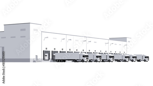 Monochromatic illustration of a large warehouse or logistics center with loading docks and multiple semi-trucks, emphasizing streamlined processes.