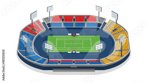 Vibrant, isometric illustration of a large tennis stadium with a green court, multiple levels of colorful seating, and bright overhead lights.