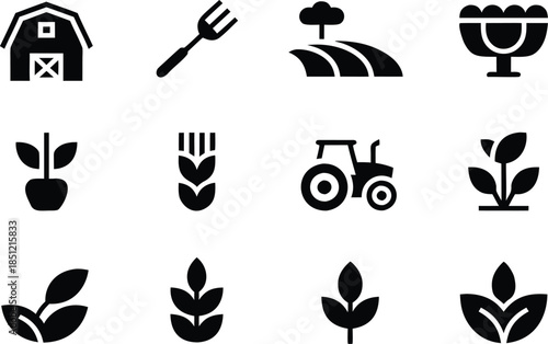 a collection of simple black icons depicting farming elements like barns crops tools and various plant life forms