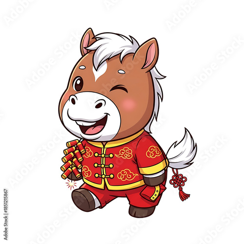 Cute cartoon horse mascot celebrating chinese new year wearing traditional red tang suit with firecrackers