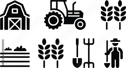a collection of black and white farm icons depicting buildings machinery crops tools and a farmer s silhouette
