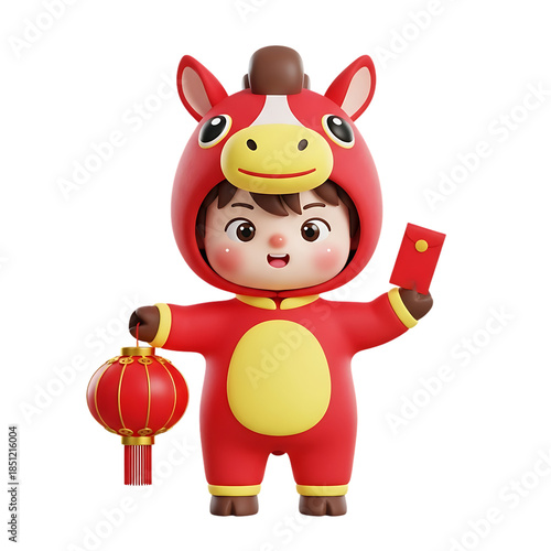 Cute 3d character child in red horse costume holding a lantern and red envelope for lunar new year