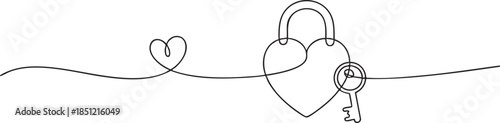 Continuous single line drawing of a heart shaped padlock with key symbolizing trust and commitment, minimalist Valentine’s Day outline vector illustration