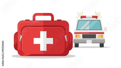 Red first aid kit with a white cross emblem positioned next to a modern ambulance with flashing lights, symbolizing emergency medical services.