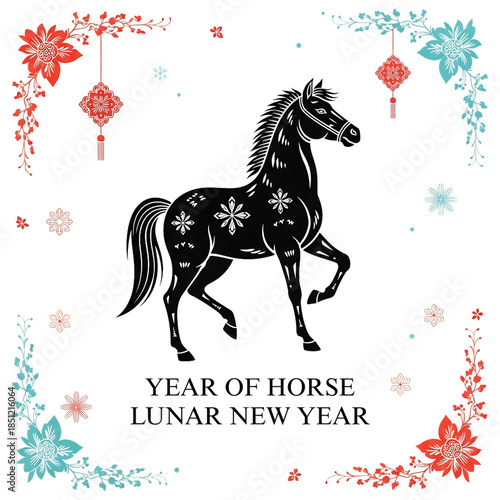 striking black horse graphic framed by elegant floral borders and chinese lanterns for lunar new year celebration