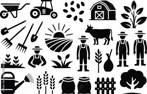 a collection of black and white farming icons depicting tools crops livestock and people engaged in agricultural activities