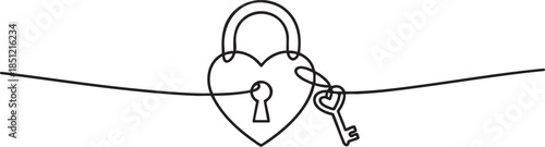 Continuous single line drawing of a heart shaped padlock with key symbolizing trust and commitment, minimalist Valentine’s Day outline vector illustration