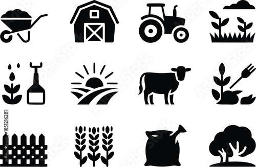 a collection of black silhouette icons representing various elements commonly associated with agriculture farming and rural life high quality