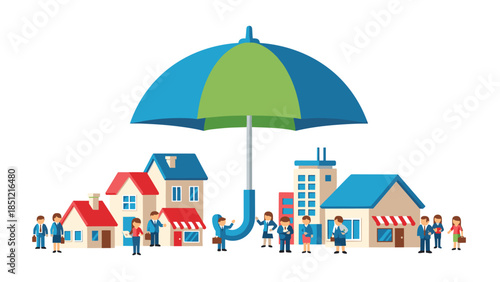 Diverse group of people and buildings including houses, shops, and offices gathered under one large blue and green umbrella, symbolizing community protection.