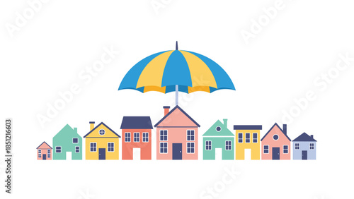 Row of colorful houses collectively covered by a single large blue and yellow striped umbrella, symbolizing broad neighborhood or property protection.