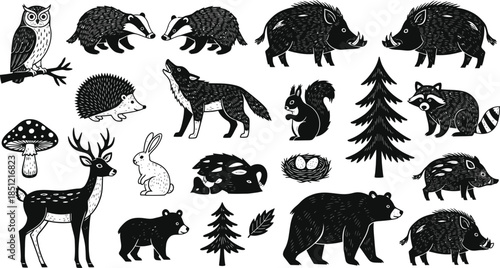 Forest Animals Illustration Set in Black and White