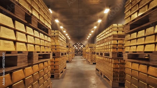 Treasury reserve corridor lined with pallets of gold bars stock