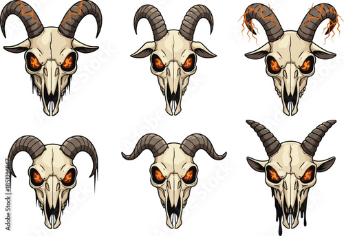 Set of demonic goat skull vector illustrations with fiery eyes occult horror fantasy symbols for dark branding design projects logos