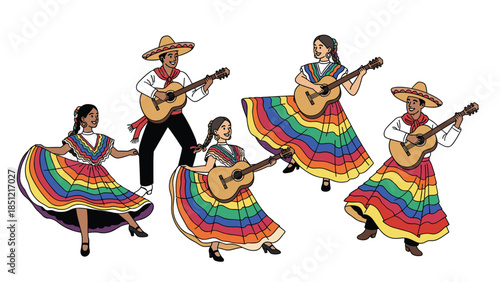Group of people in traditional Mexican attire, with men in sombreros and women in colorful dresses, dancing and playing guitars, depicting a lively folk celebration.