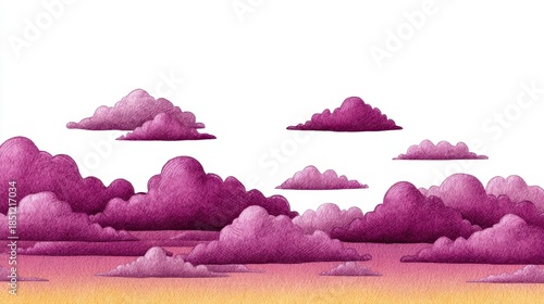 Whimsical purple clouds drift across a soft, gradient sky