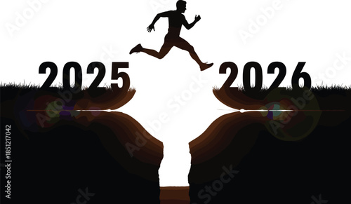 Silhouette runner jumping from 2025 to 2026 symbolizing new year transition motivation challenge success future goals concept inspiration progress determination