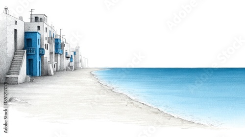 White and blue coastal village buildings line a sandy beach