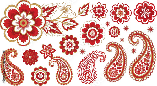Traditional ethnic vector set featuring intricate red and gold floral mandalas paisley patterns and decorative ornaments for luxury textile and greeting card designs