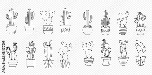 Collection of hand-drawn potted cacti and succulents in various shapes and sizes, perfect for desert-themed designs.