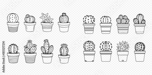 Collection of various potted cacti and succulents in outline style on transparent background.