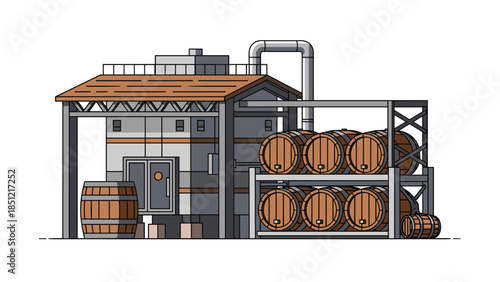 Cartoon illustration of a brewery or distillery building featuring large wooden barrels stacked outside and inside a warehouse-like structure with pipes.