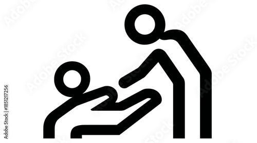 Support and assistance icon. Black vector graphic of one person helping another up, symbolizing care, empathy, compassion, and community.