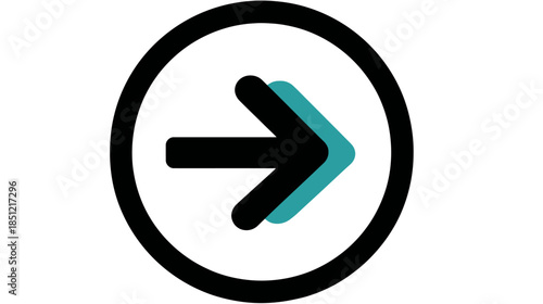 Sleek right arrow icon in a black circle with a teal offset shadow, representing next, forward, proceed for UI and web design.